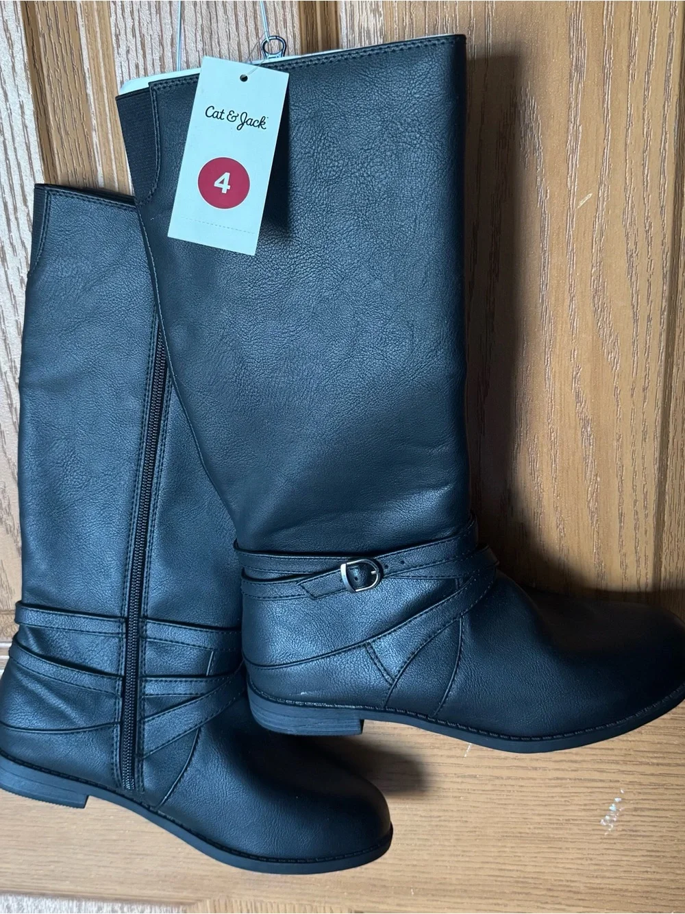 Cat & Jack Girls Black Riding Boots Tall Side Zip Accent Buckle NWT Size 4